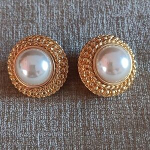 Heavy Gold Tone Faux Pearl Post Earrings